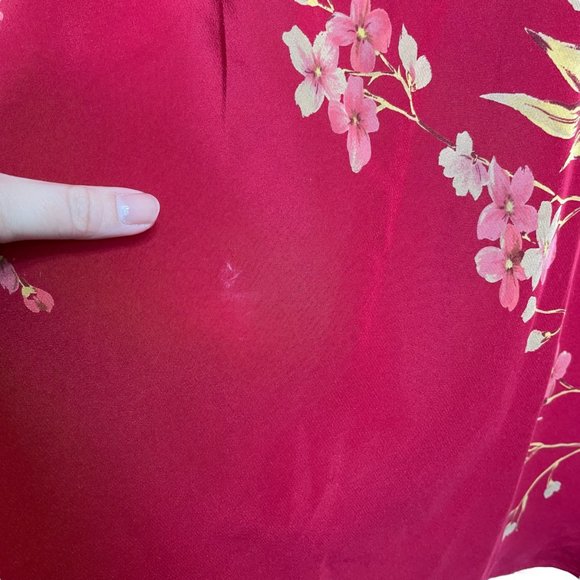 100% Silk Floral Dress 14 Maxi Long V-Neck Short Sleeve Satin Georgette Red - Picture 11 of 16